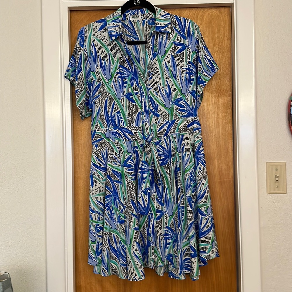 KENZO Paris Floral Dress Abstract Flower Print bird of paradise Summer silk 34